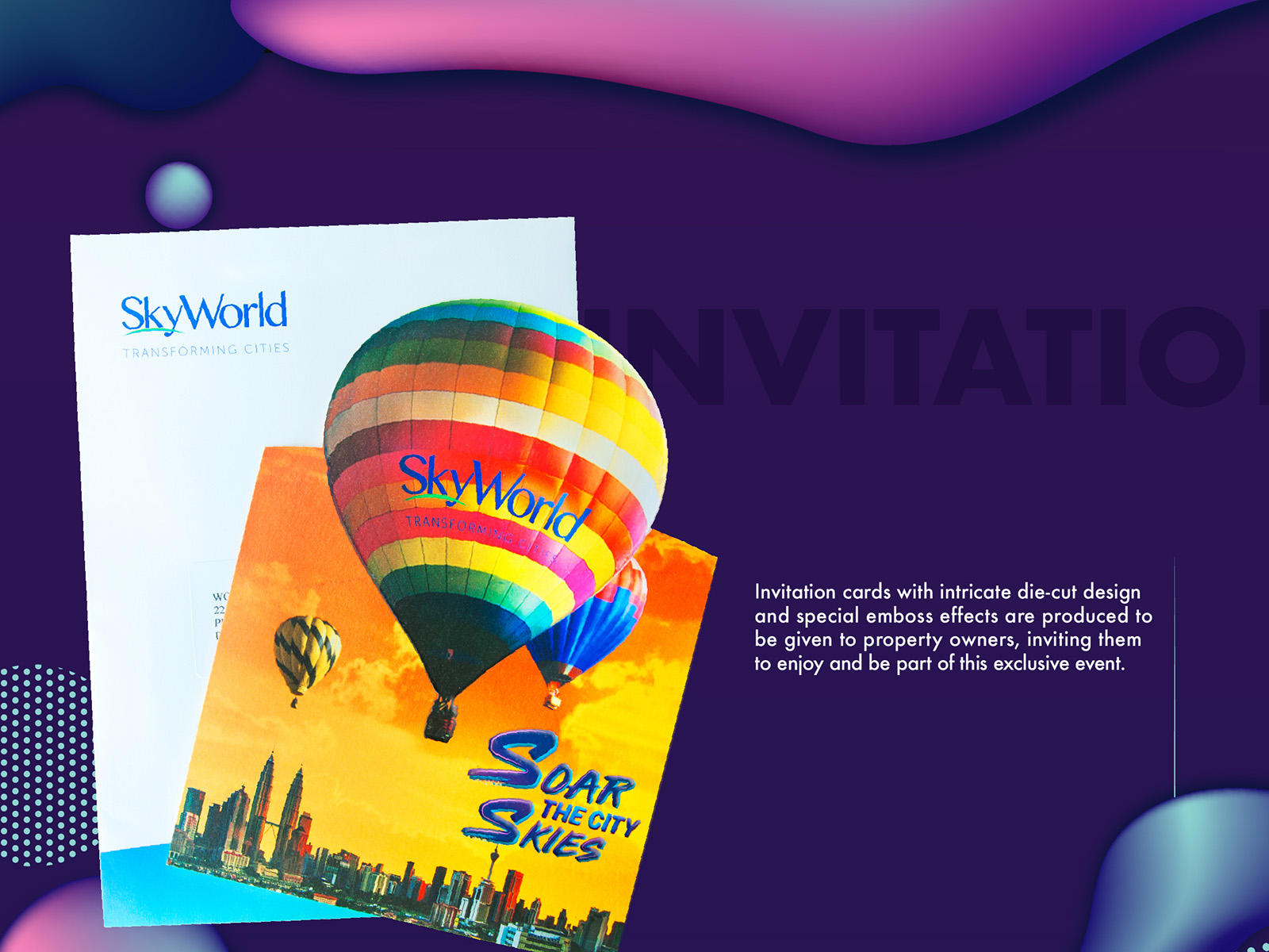 Skyworld Soar The City Skies campaign key visual design adapted to invitation card with balloon diecut